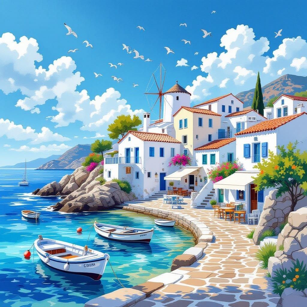 Greek sea-side village (HiDream)