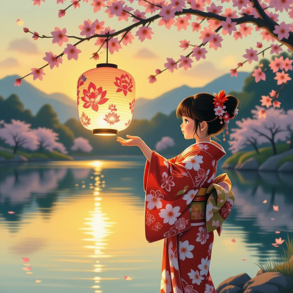 Girl Releases Lantern into Lake, Anime-Inspired Art