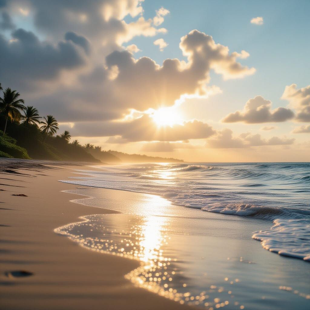 Serene Beach Scene in Gentle Rain: Cinematic Film