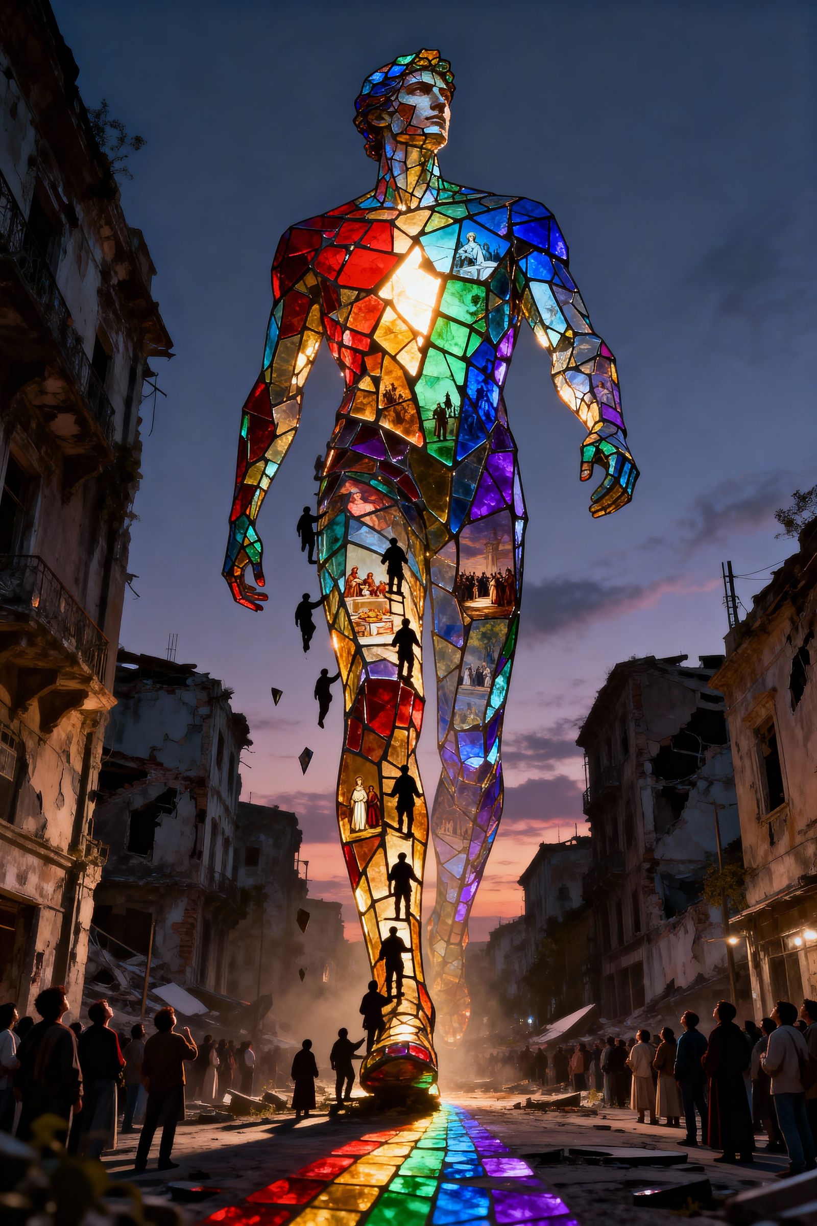 Fractured Stained Glass Giant Illuminates Ruined City