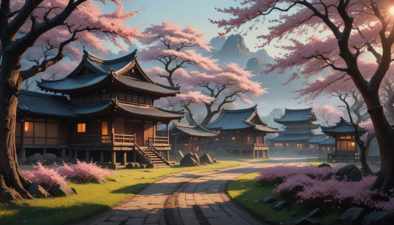 Samurai Village at Dawn with Sakura Petals