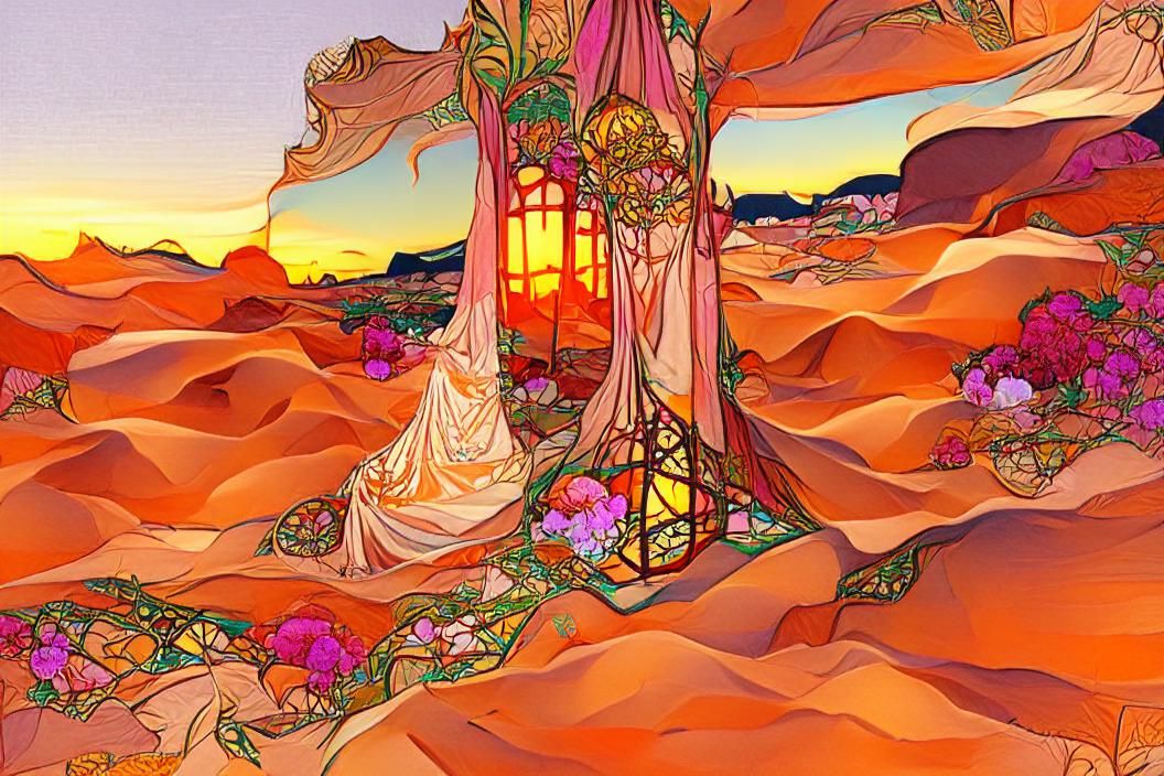 Geometric Desert Sunset in Art Nouveau Style