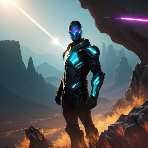 Sci-Fi Warrior on Cliffside, Neon Reflections