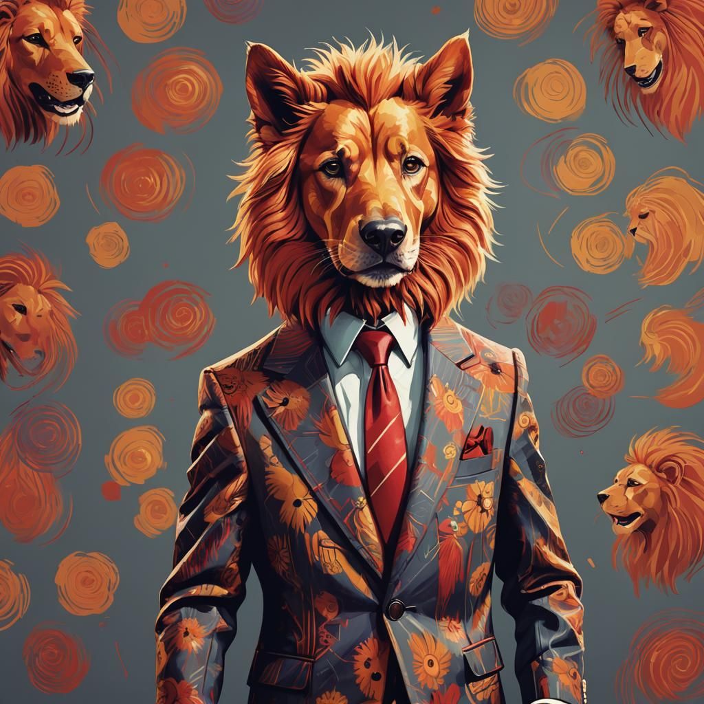 Dog with Lion's Mane in Suit, Digital Illustration
