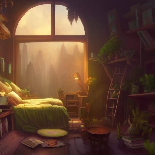 Apocalyptic Fantasy Bedroom with Plants and Mushrooms
