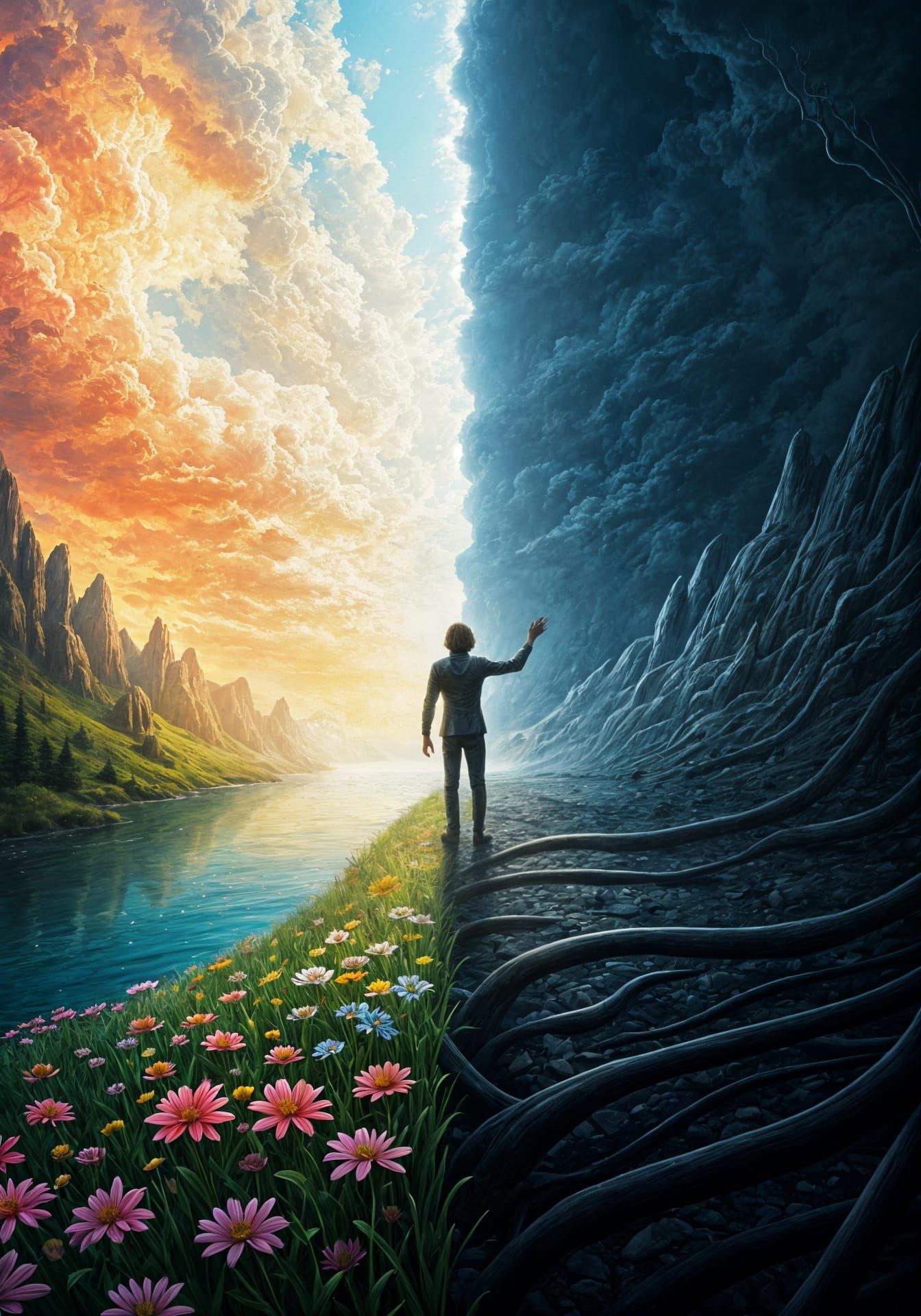 Surreal Landscape: Light vs. Darkness in Painterly Style