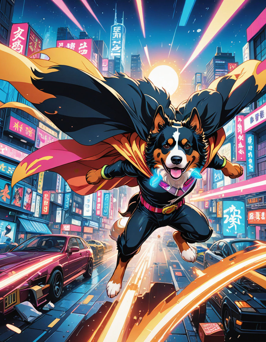 Manga-Inspired Bernese Mountain Dog Hero Soars through Neon...