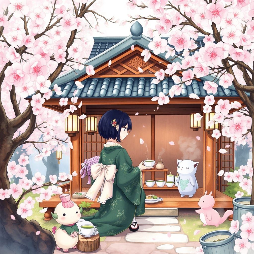 Serene Anime Tea House Scene with Forest Spirits