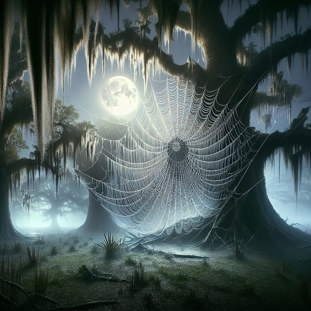 Colossal Cobweb in Moonlit Swamp