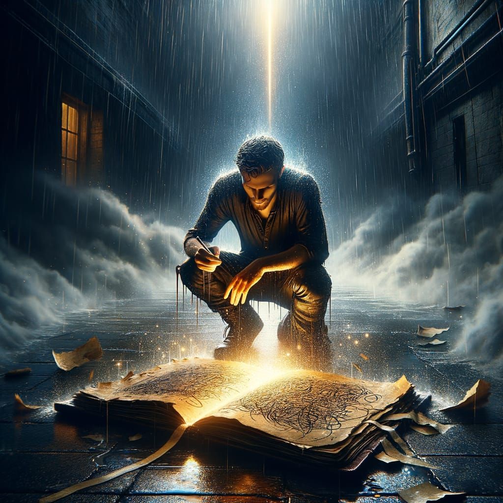Cinematic Splash Art: Artist's Prayer in Rainy Alley