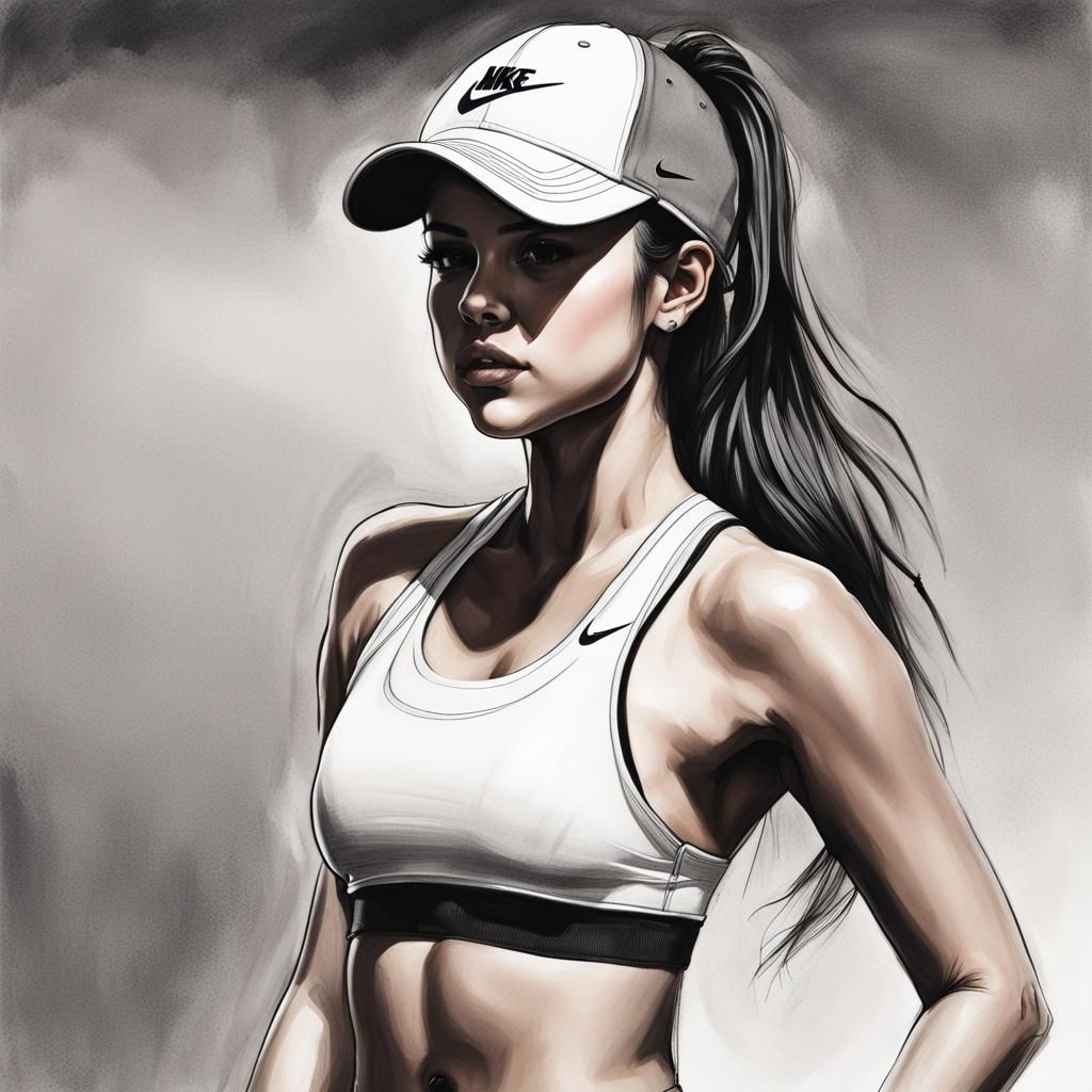Hyperdetailed Charcoal Drawing of Woman in Sports Bra