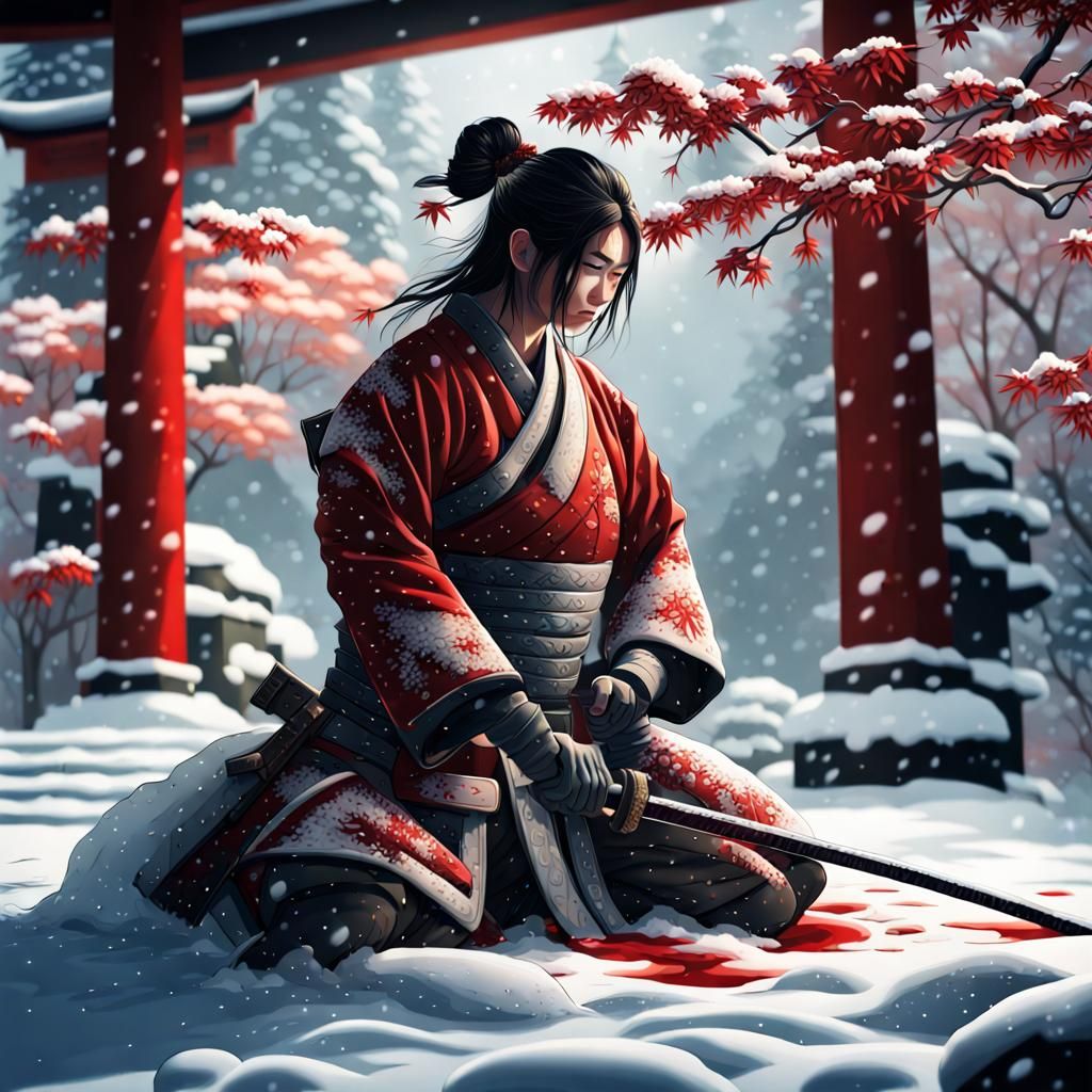 Bloodied Katana: Japanese Warrior in Snowy Garden
