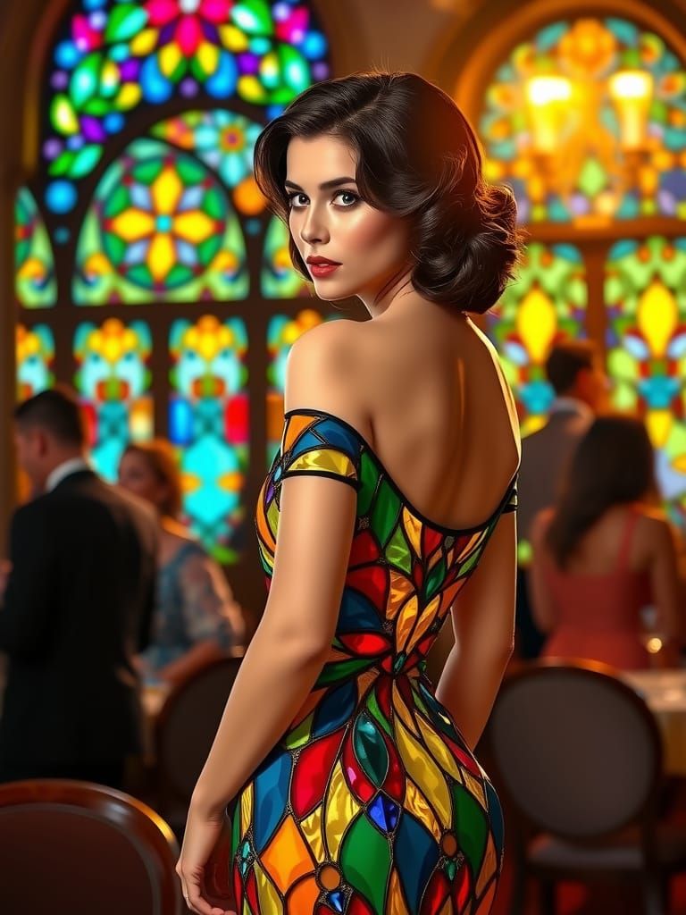 Elegant Pin-Up Lady in Stained Glass Dress