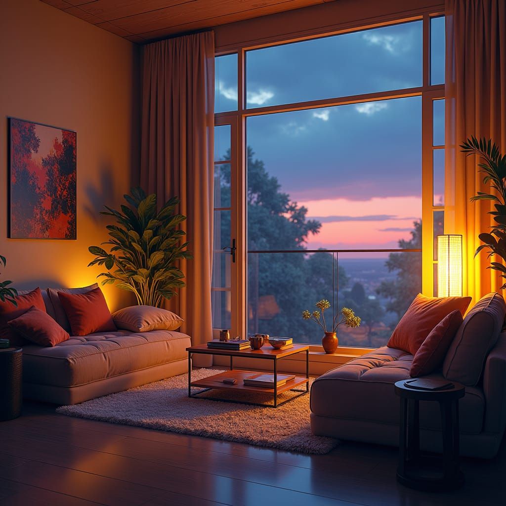 Cozy Modern Apartment at Dusk in Matte Painting Style