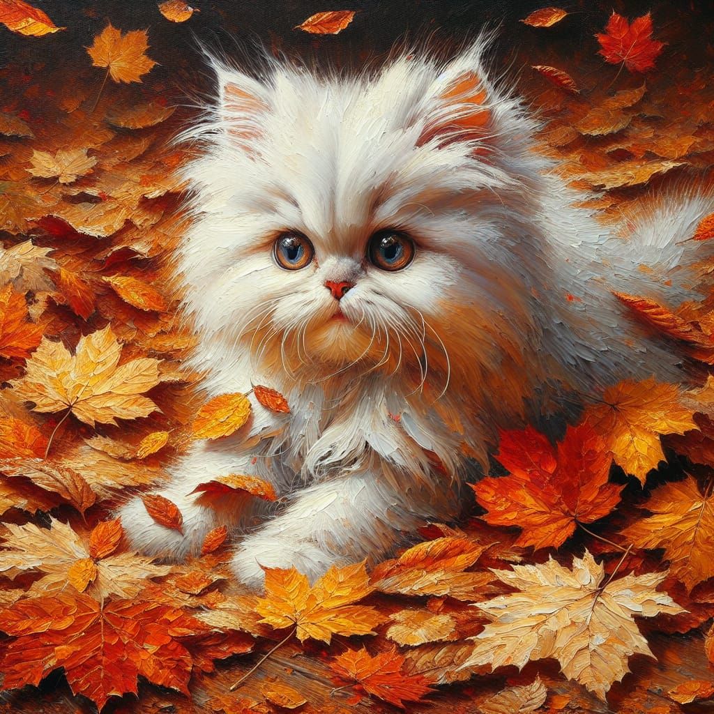 White Kitten Playing in Autumn Leaves Oil Painting