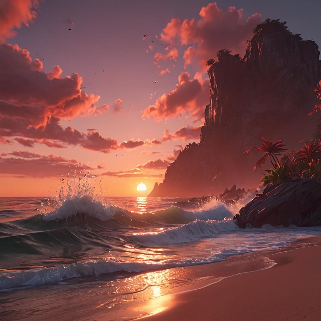 Crimson Sunset Beach: Detailed Matte Painting