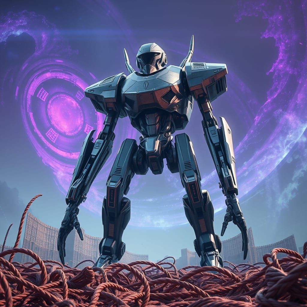 Glorious Mech Amidst Cosmic Nebulae in Futuristic Art