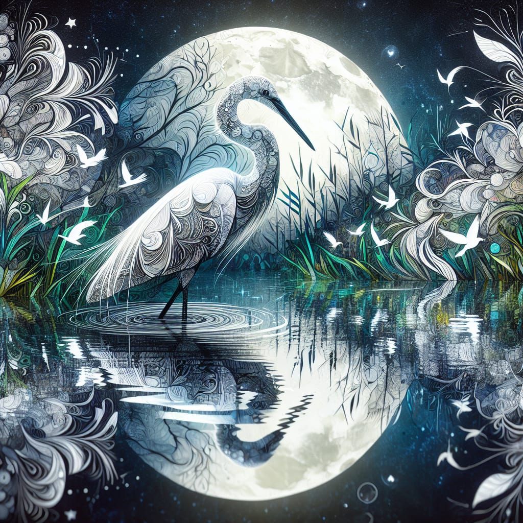 Egret in Moonlit Pond: Double Exposure Art