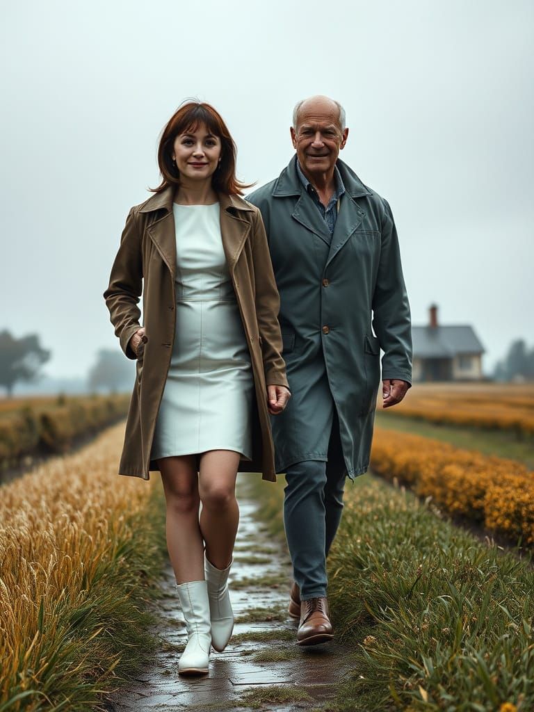 Romantic Field Walk: Woman and Bald Man in Rain