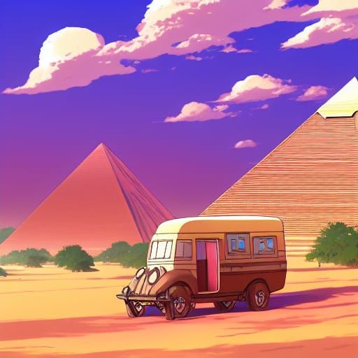 Desert Caravan near Cheops Pyramid, Studio Ghibli Style