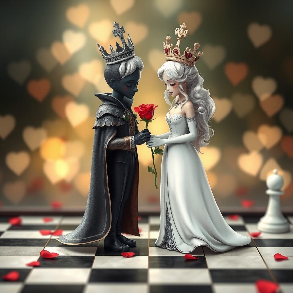 Chess Kings Offer Roses in Romantic Bokeh Scene