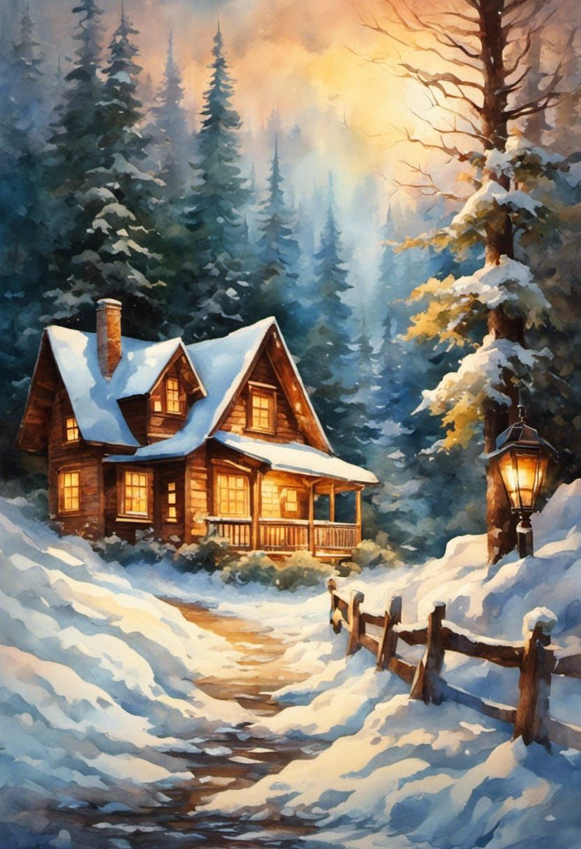 Cozy Winter Cabin in Tree, Watercolor Painting