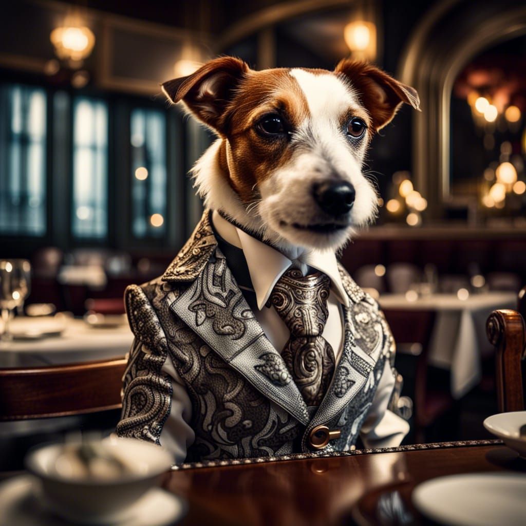 Jack Russell in Suit at Restaurant, Hyperrealistic