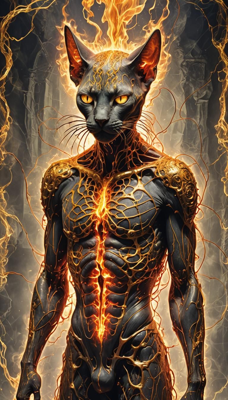 Surreal Fire Elemental Sphinx Cat in Pop-Art Style