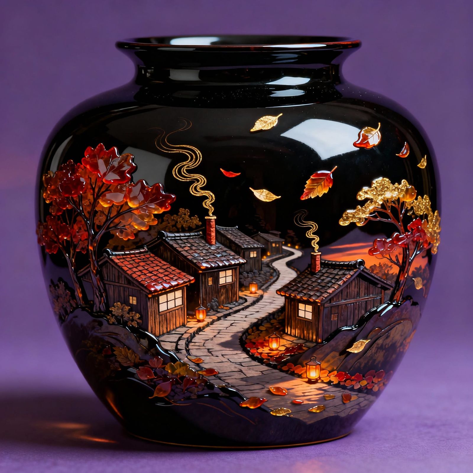 Lacquered Vase with Twilight Village and Autumn Trees
