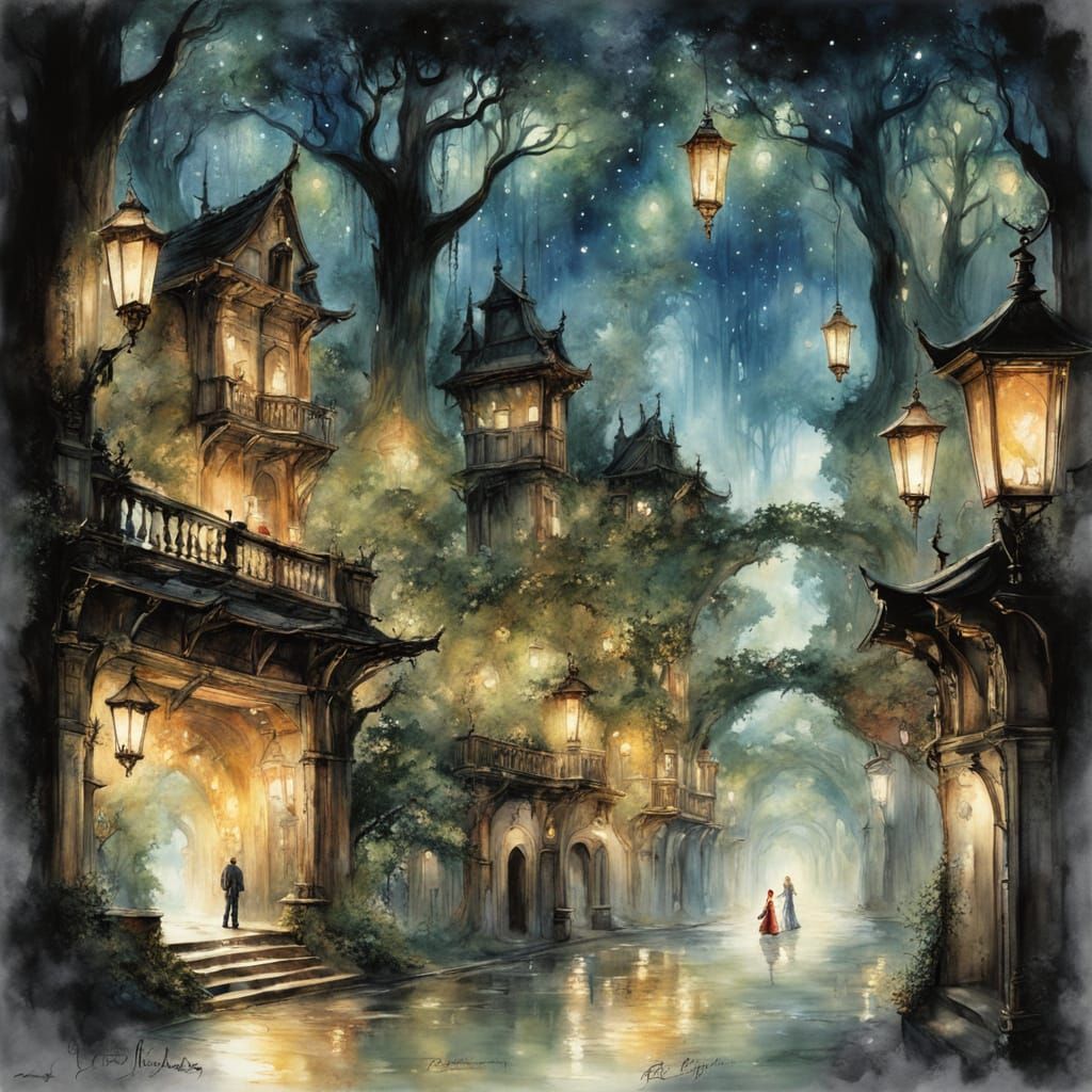 City Under Giant Trees Lit by Firefly Lanterns