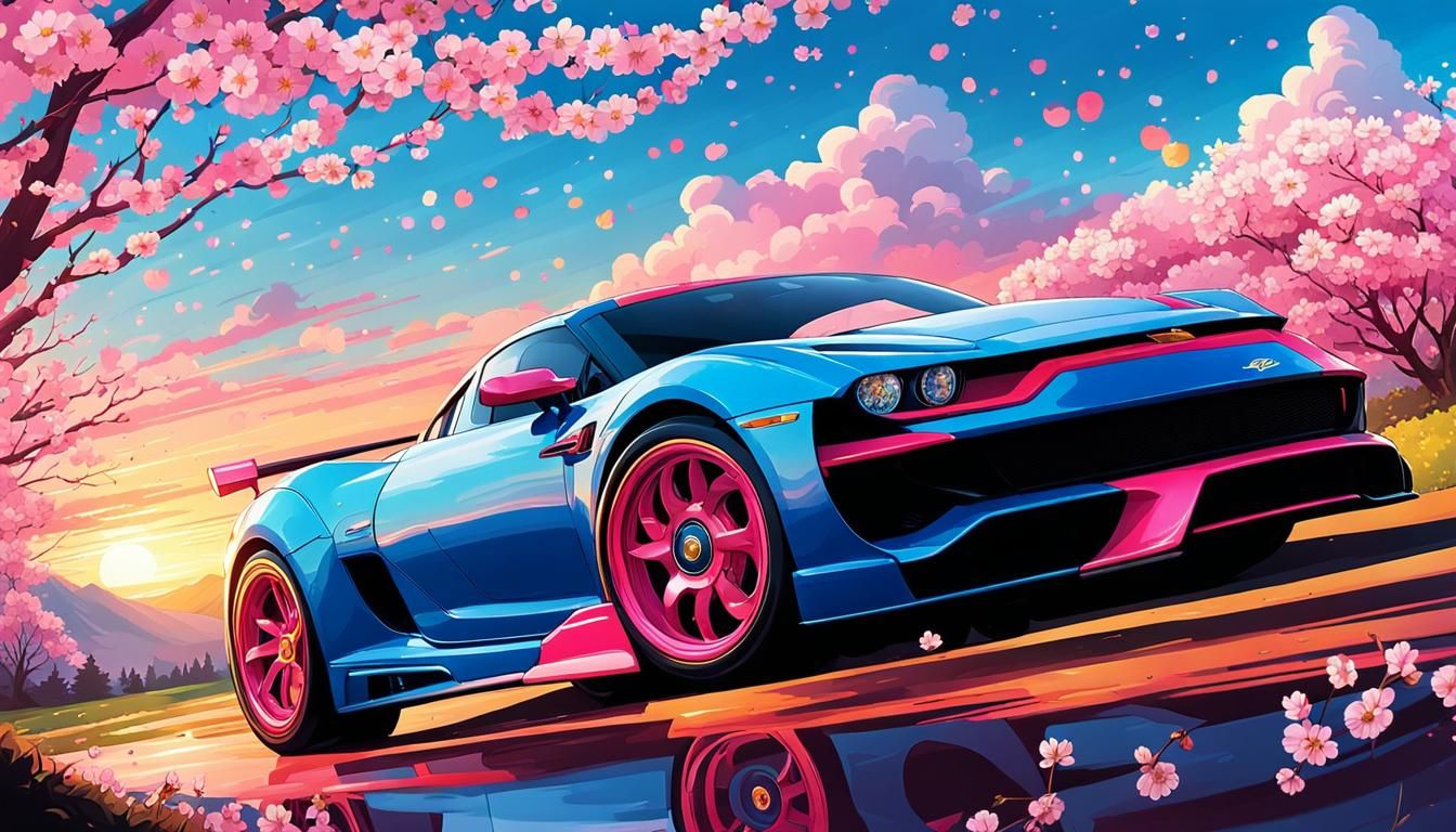 Pink Sportscar Races Through Cherry Blossoms