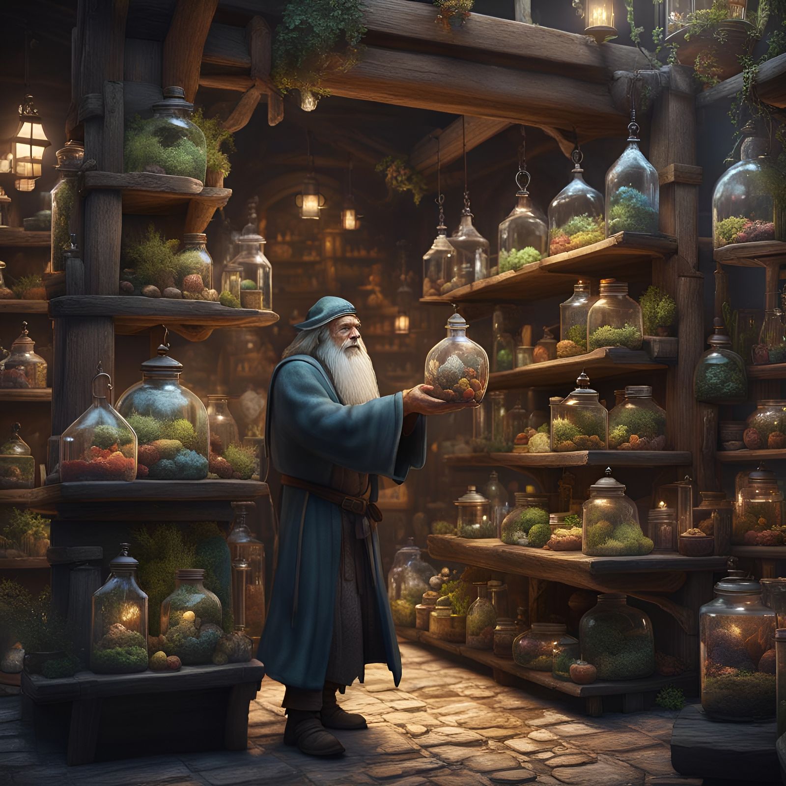Medieval Market Scene with Wizard and Terrariums