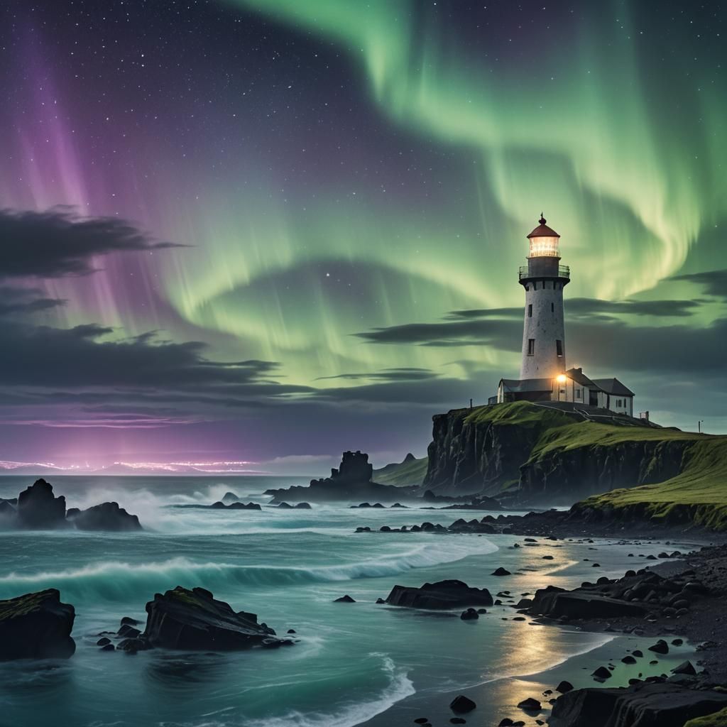 Icelandic Lighthouse Under Northern Lights: Fantasy Concept ...