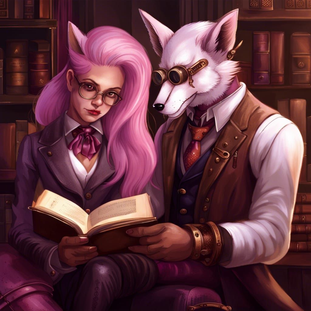 Fox Demon and Pink-Haired Woman in Steampunk Library