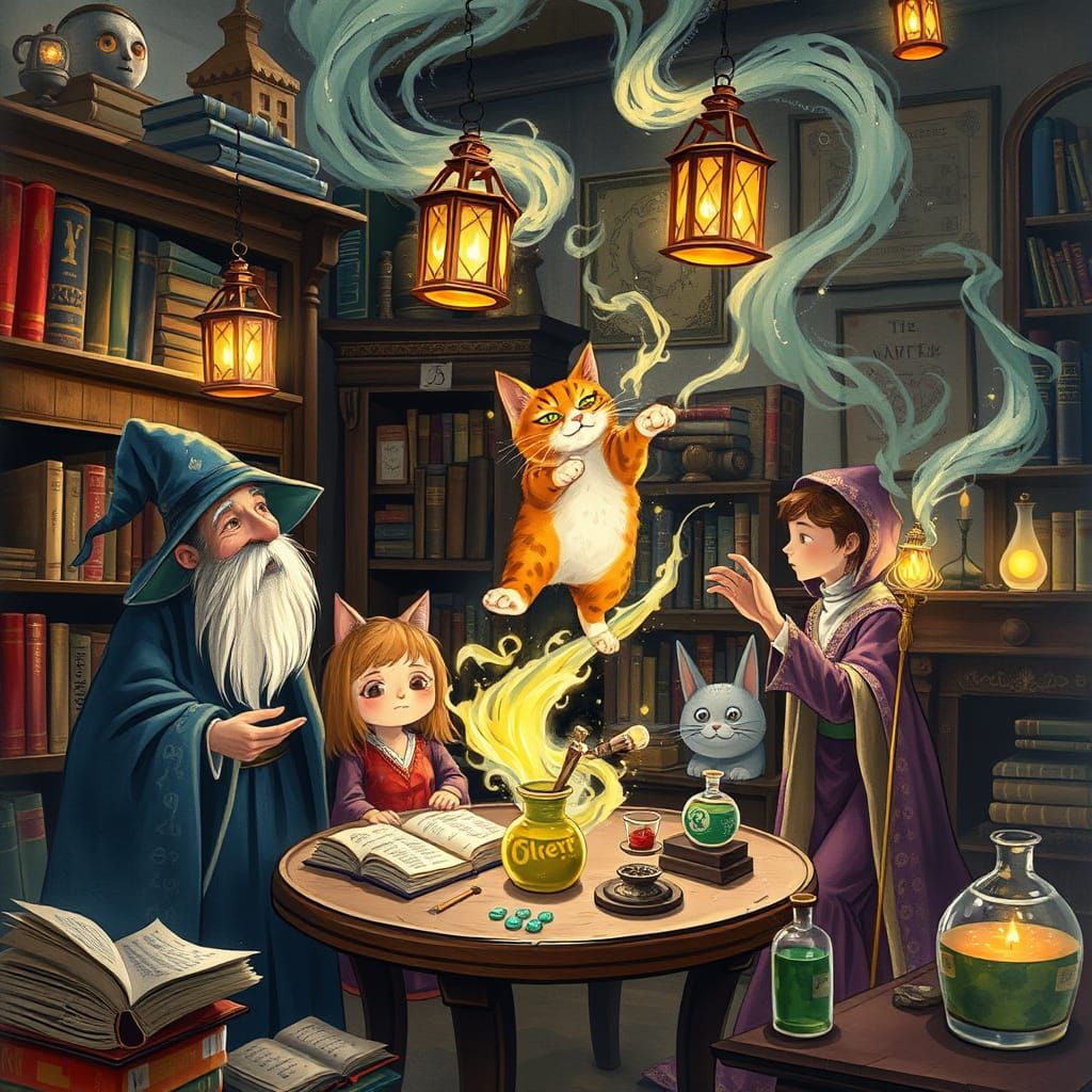 Wizards Levitate Unimpressed Cat Amidst Magical Energy