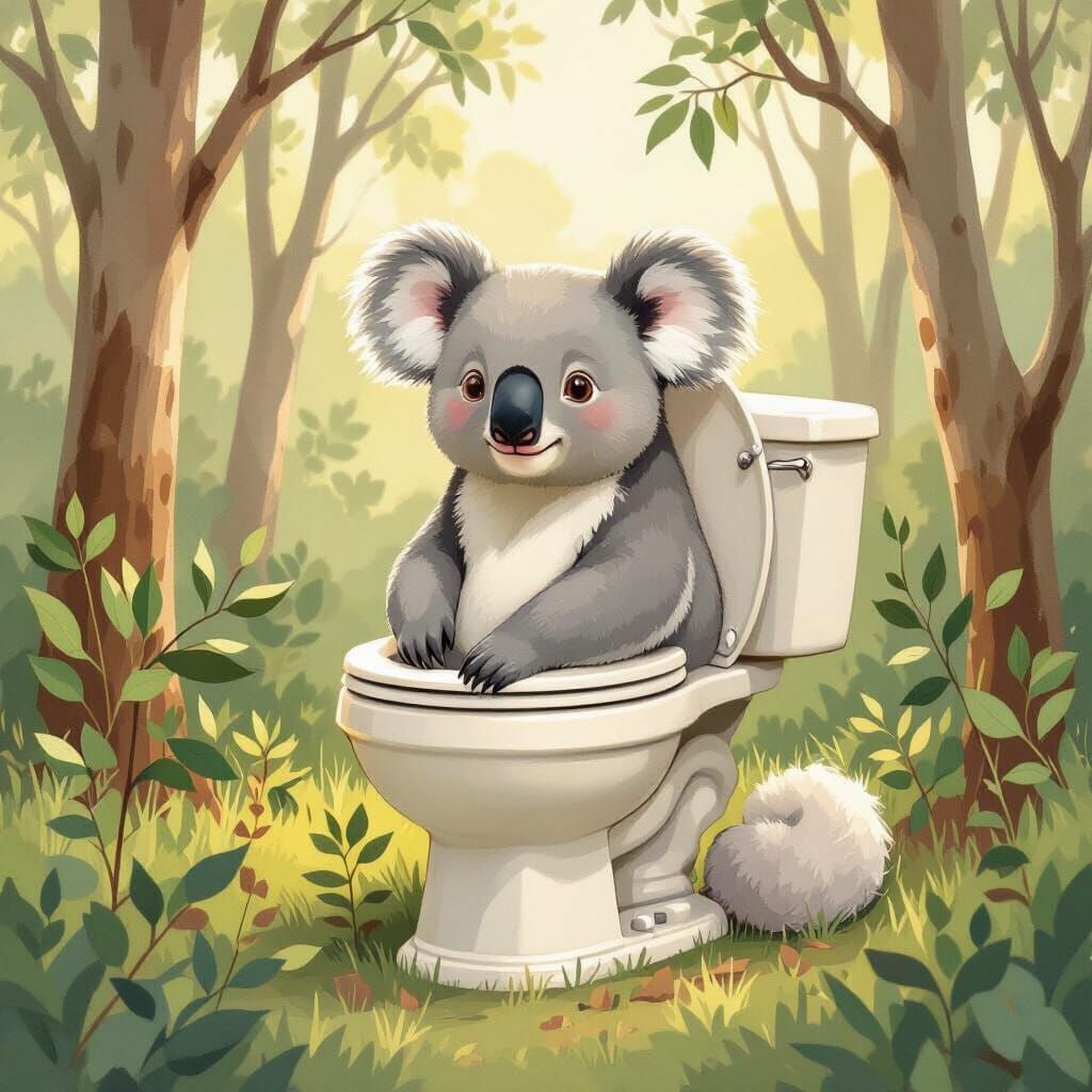 Whimsical Koala-Toilet Creature in Eucalyptus Field