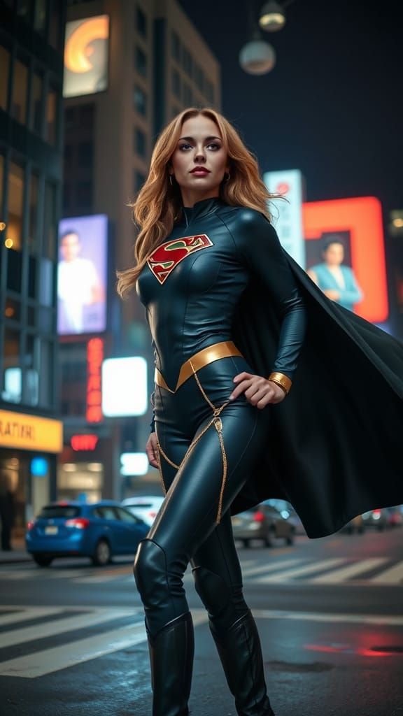 Supergirl in Cyberpunk Cityscape, Professional Photography