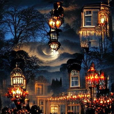 Victorian Night Scene with Gas Lamps