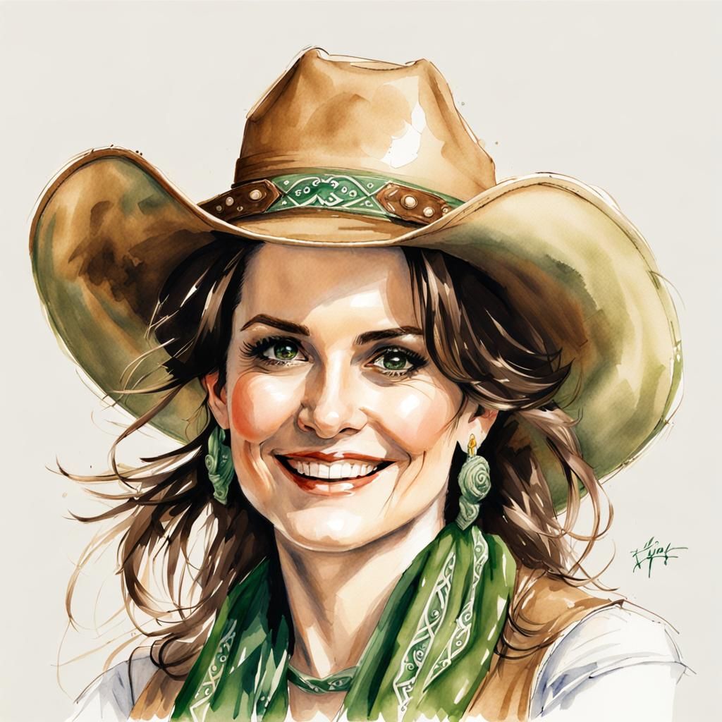 Watercolor Portrait of Smiling Woman in Cowboy Hat