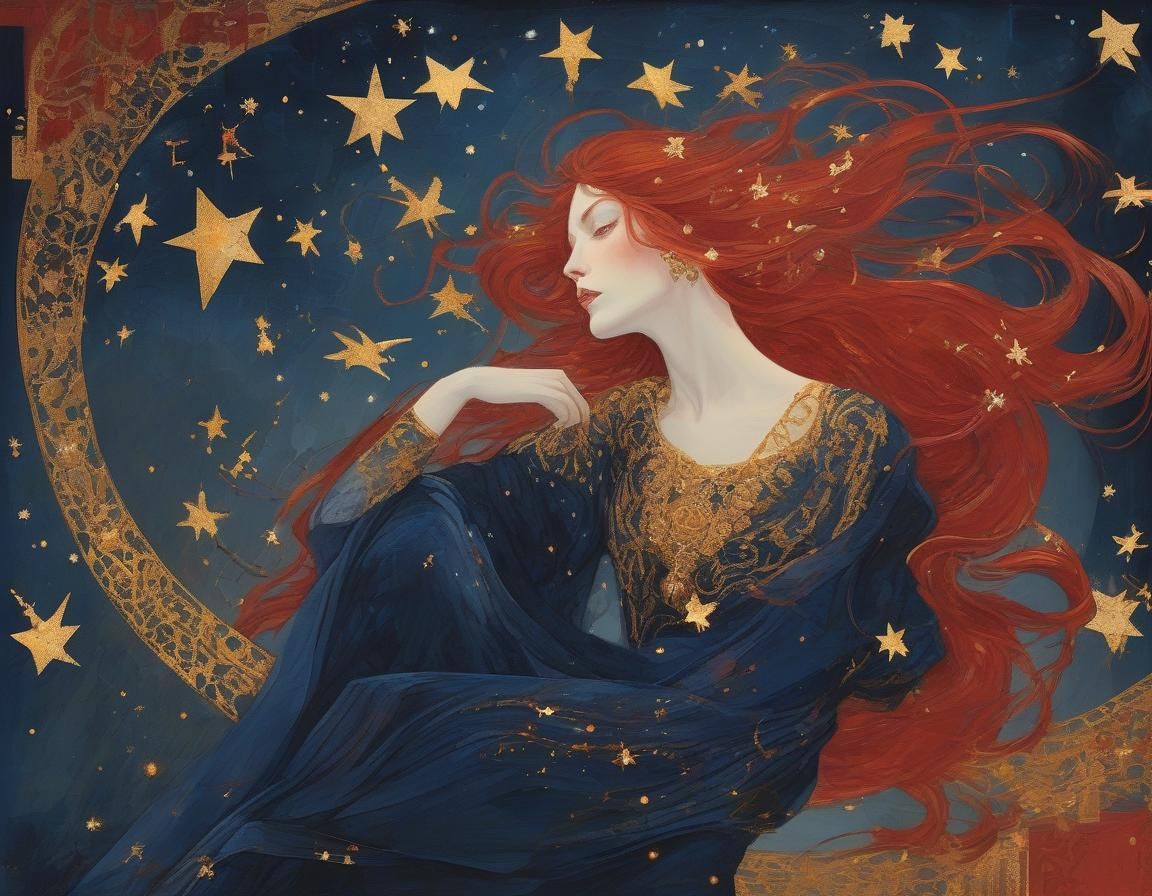 Ethereal Woman with Red Hair and Golden Stars