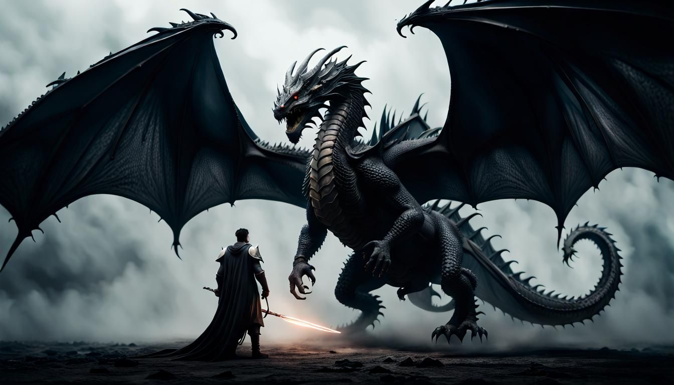 Knight vs. Colossal Black Dragon in Ominous Battle