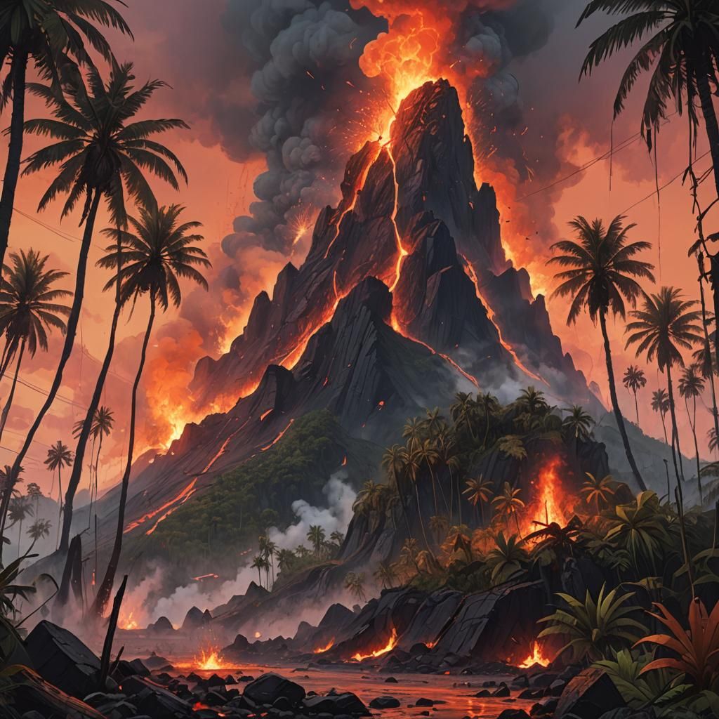 Volcanic Eruption on Tropical Island in Painterly Style