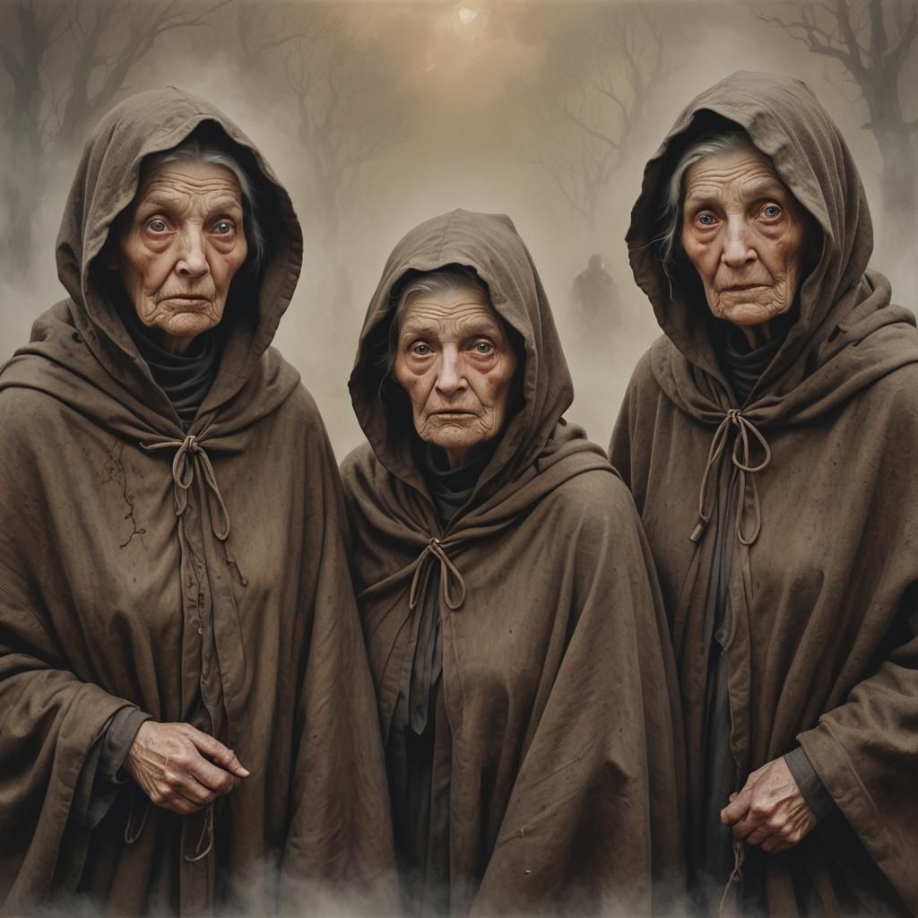 Three Old Women in Fog, Photorealistic Image