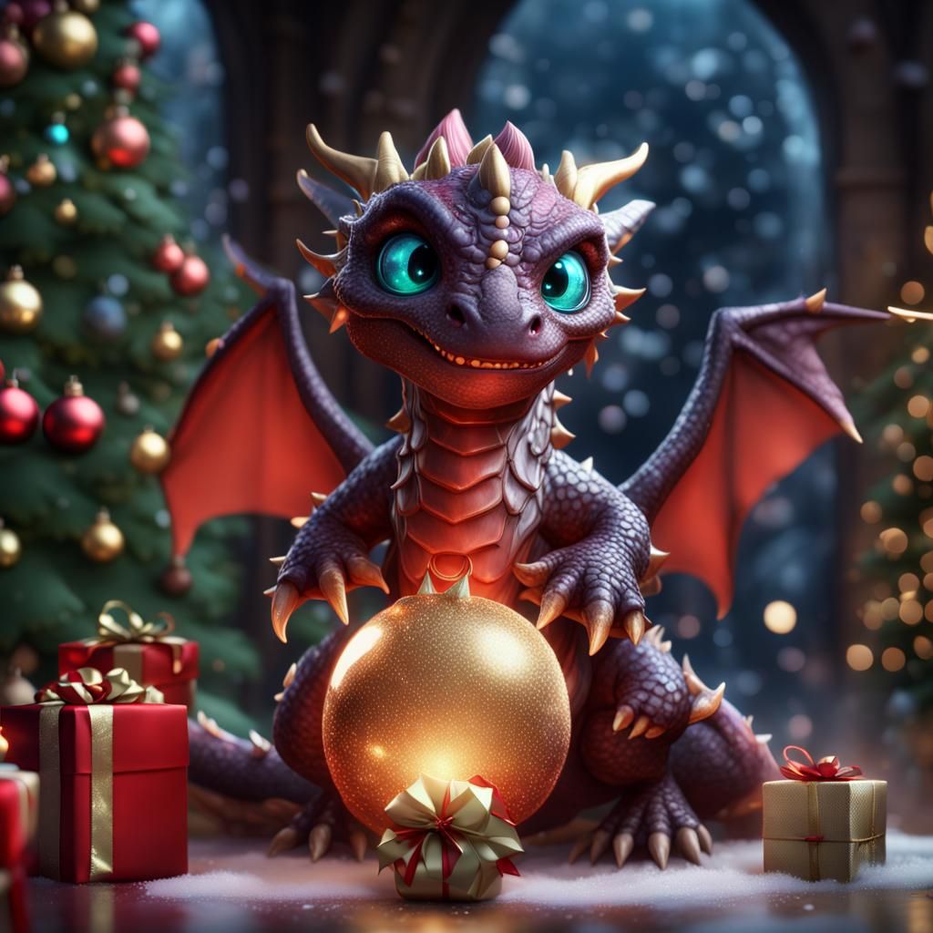 Baby Dragon's Merry Christmas Wish in Detailed Matte Paintin...