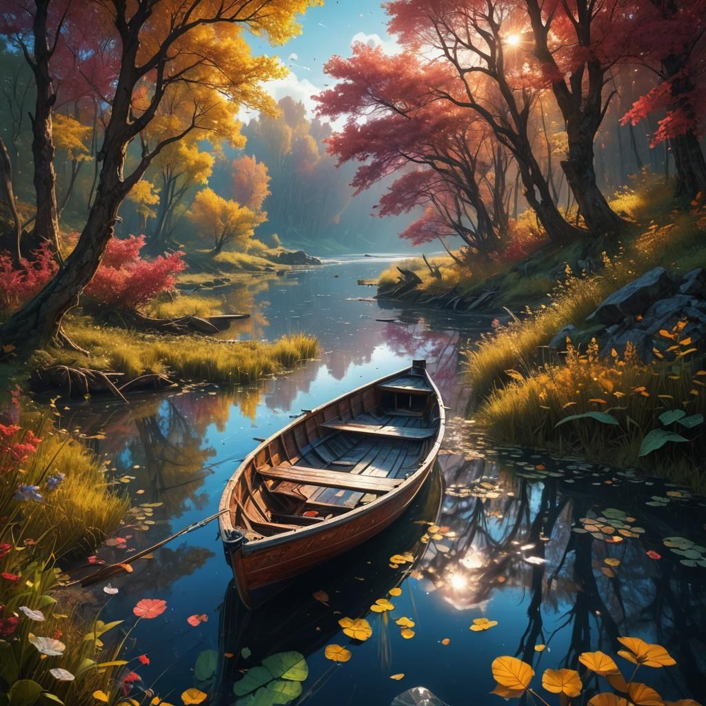 Rowboat on Riverbank: Fantastical Matte Painting