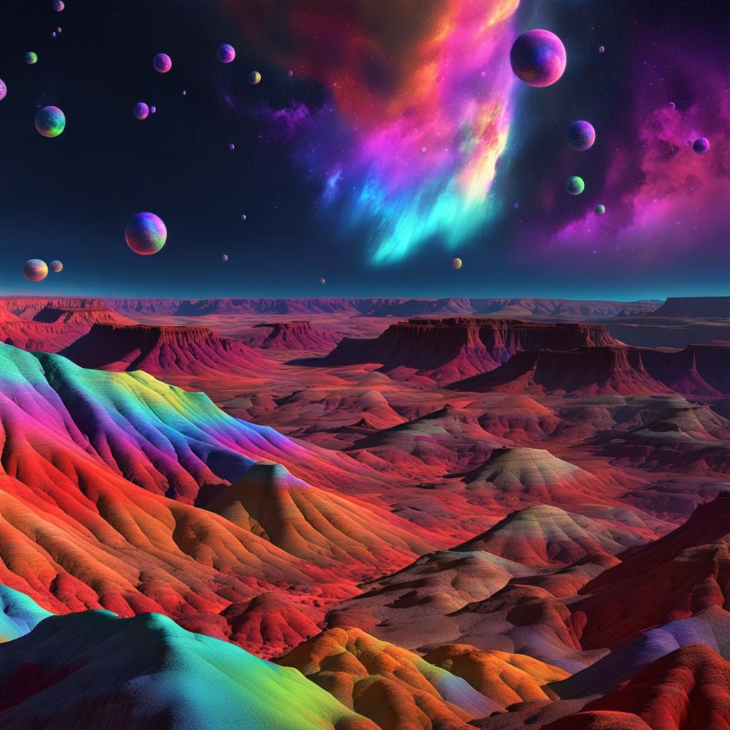 Neon Aurora Over Desert Mesas, Fantasy Concept Art