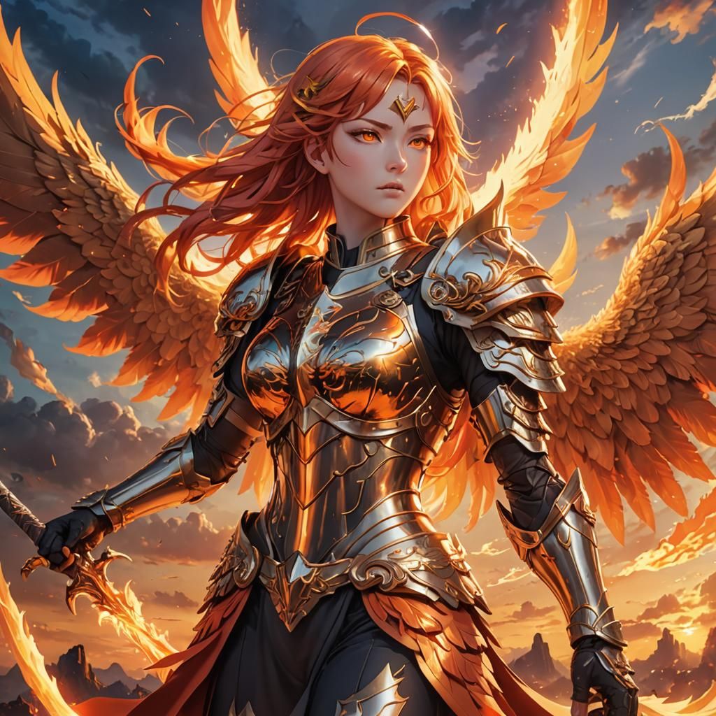 Anime Warrior with Phoenix Armor and Sword