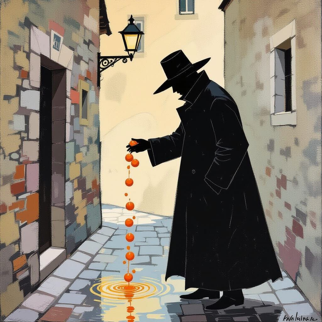 Mysterious Figure Lures With Tangerines in Expressive Style