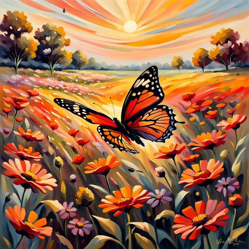 Butterfly in Impressionist Flower Field at Sunset