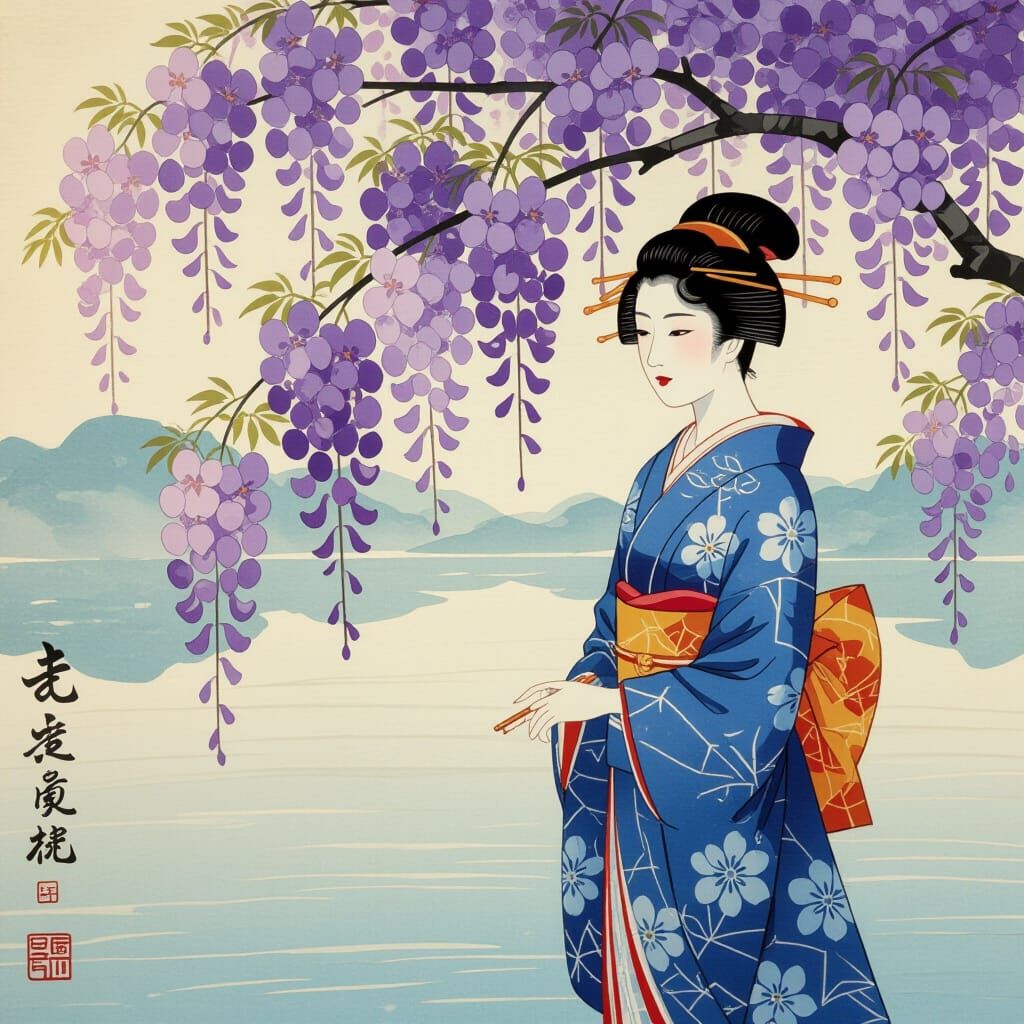 Yamato-e Style Summer Wisteria Blossom Painting